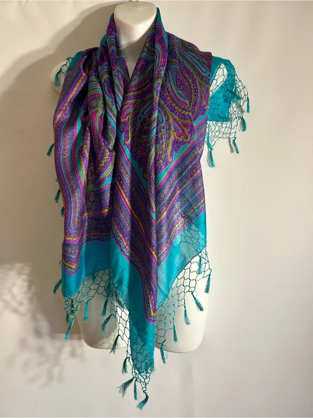 SILK INDIA MADE LARGE PURPLE/TEAL TURQUOISE PAISLEY WITH TASSEL FRINGE SCARF O/S